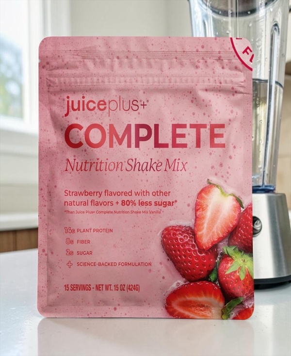 Strawberry Shakes 1 scoop + water = 14g protein with 9 essential amino acids, 8g fiber, 9 essential vitamins and minerals, 80% less sugar* and only 100 calories. The result? A balanced plant-powered nutrition shake, providing the nourishment your body needs.  More than a protein shake. Each serving delivers plant-based protein, dietary fiber, and essential vitamins and minerals and only 1g added sugar that help support metabolism ¹, muscle function ², energy production ³, immune health ⁴, and the reduction of tiredness and fatigue ⁵. *than Juice Plus+ Complete Vanilla Nutrition Shake