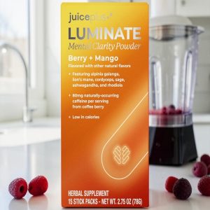 Juice Plus+ Luminate 1 stick + 8 ounces of water = naturally sourced caffeine, adaptogens, and nootropics. The results? A fast-acting plant-powered drink for mental clarity, energy and focus. * Juice Plus+ Luminate provides clean, steady mental energy without the jitters often associated with coffee or sugary energy drinks, using naturally sourced caffeine from coffee berry as a smarter alternative. A powerful blend of nootropics and adaptogens, the ingredients work in synergy to help increase alertness, enhance mental clarity, and support focus - benefits you can feel in 60 minutes. ** Subscribe and save Now! Our packaging is changing! You may receive products in either the existing or updated packaging design Mental Clarity and Mental Energy Alertness and Focus Working Memory Mood