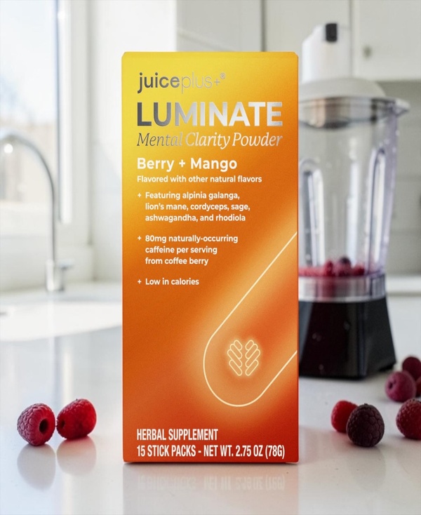 Juice Plus+ Luminate 1 stick + 8 ounces of water = naturally sourced caffeine, adaptogens, and nootropics. The results? A fast-acting plant-powered drink for mental clarity, energy and focus. * Juice Plus+ Luminate provides clean, steady mental energy without the jitters often associated with coffee or sugary energy drinks, using naturally sourced caffeine from coffee berry as a smarter alternative. A powerful blend of nootropics and adaptogens, the ingredients work in synergy to help increase alertness, enhance mental clarity, and support focus - benefits you can feel in 60 minutes. ** Subscribe and save Now! Our packaging is changing! You may receive products in either the existing or updated packaging design Mental Clarity and Mental Energy Alertness and Focus Working Memory Mood